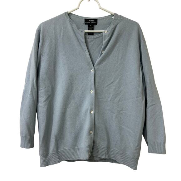 Lauren Ralph Lauren Vtg Womens Sz XL Baby Blue 100% Cashmere Shirt & Sweater Set - Picture 1 of 9